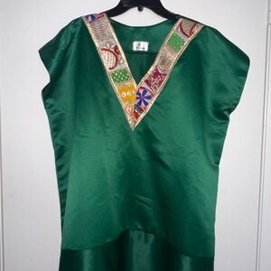 Green V-Neck Tunic with Embroidered Trim